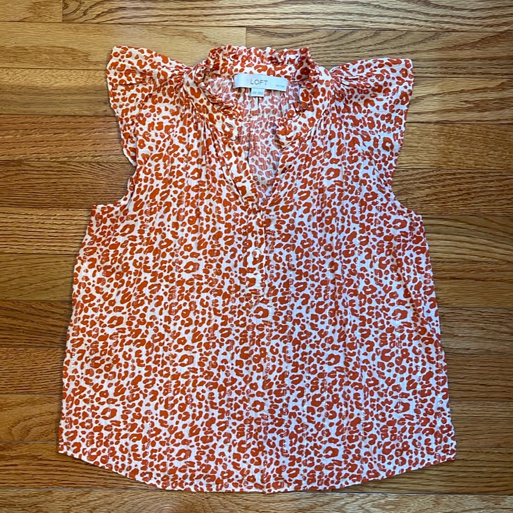 Loft Metallic Shimmer Leopard Print Orange Ruffle Sleeve Top